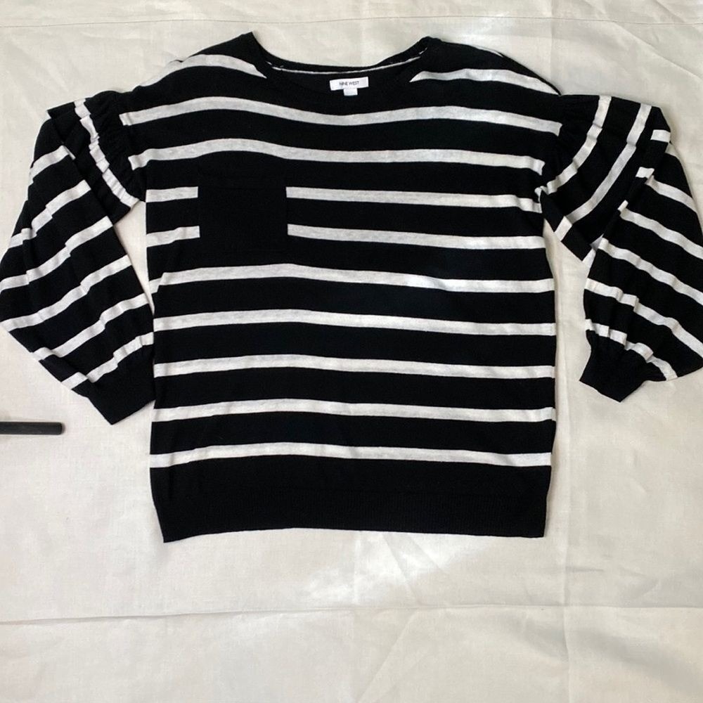 Nine West Women Sweater Medium Black White‎ Stripe Academia Puff Sleeve